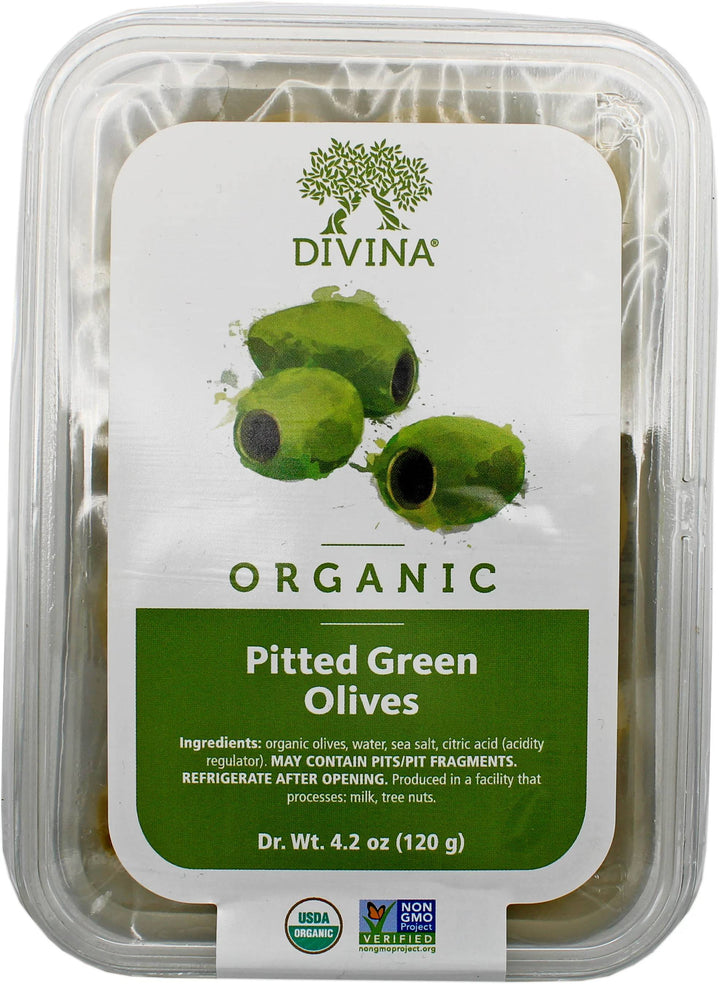 Divina Organic Pitted Green Olives, 4.2 OZ | Pack of 6 - PlantX US