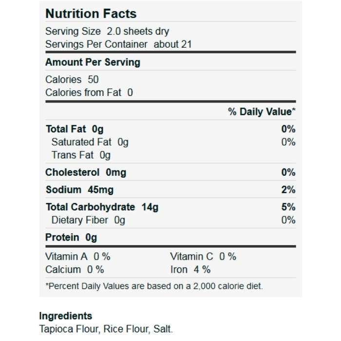 Dynasty - Premium Quality White Rice Paper, 12oz - nutrition facts