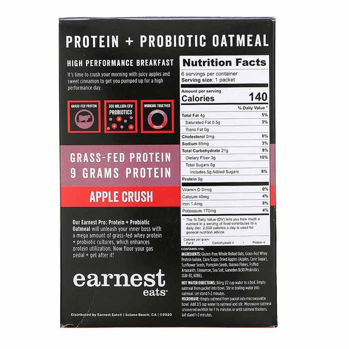 Earnest Eats - Instant Oatmeal - PRO Protein & Probiotic Apple Crush, 8.47 oz - back