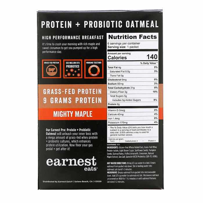 Earnest Eats - Instant Oatmeal - PRO Protein & Probiotic Mighty Maple, 8.47 oz - back