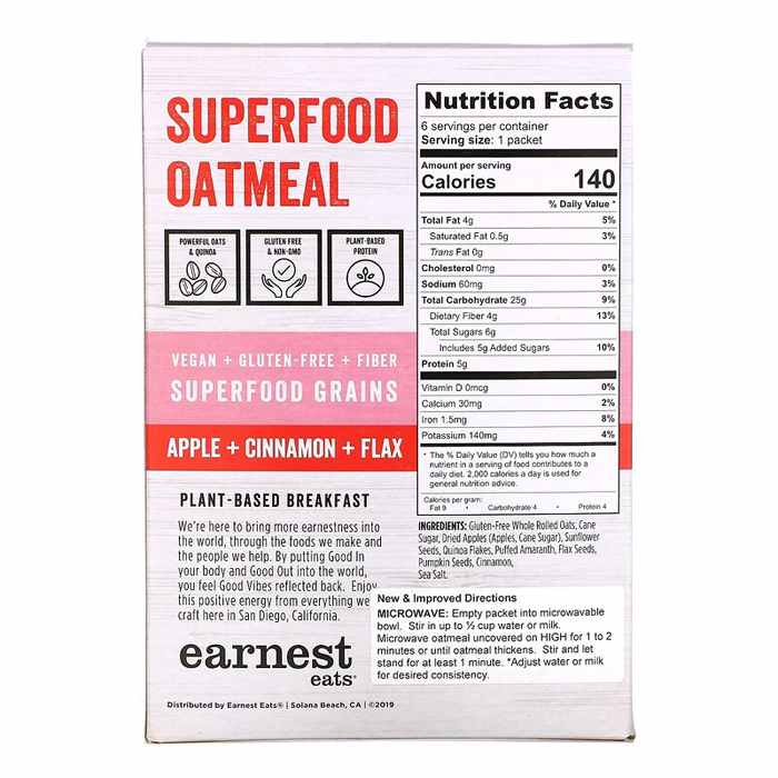 Earnest Eats - Instant Oatmeal - Superfood Apple Cinnamon, 8.47 oz - back