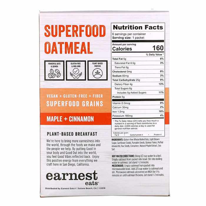 Earnest Eats - Instant Oatmeal - Superfood Maple Almond Cinnamon, 8.47 oz - back