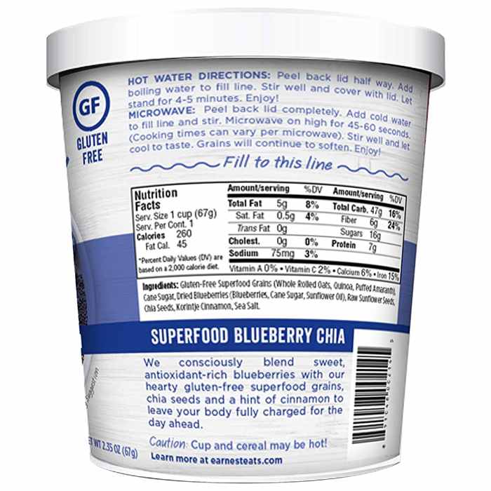Earnest Eats - Superfood Oatmeal Cups Blueberry Chia Cinnamon, 2.35 oz - back