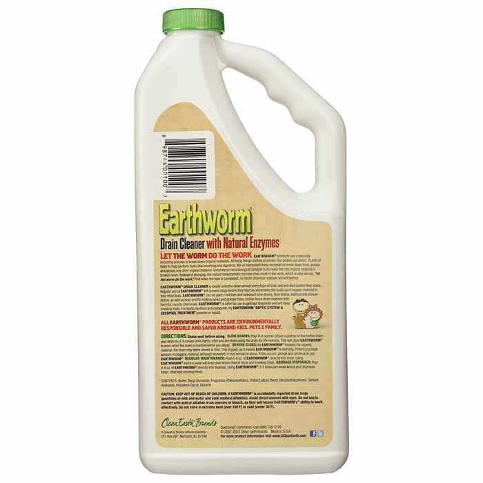 Earthworm - Earthworm Family-Safe 100% Natural Drain Cleaner ,32fl - Back