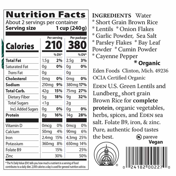 Eden Foods - Organic Brown Rice & Green Lentils, 15oz - back