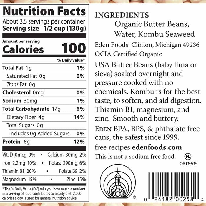 Eden Foods - Organic Butter Beans, 15oz - back