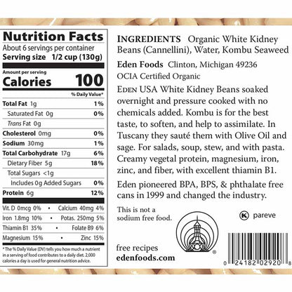 Eden Foods - Organic Cannellini White Kidney Beans, 29oz - back