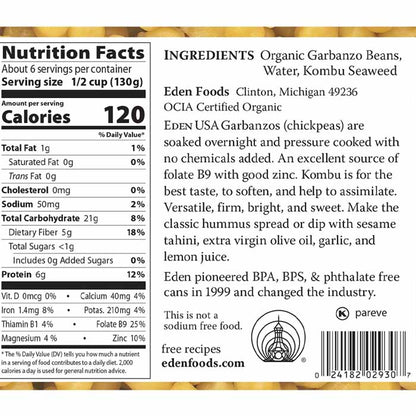 Eden Foods - Organic Garbanzo Beans ,29oz - back