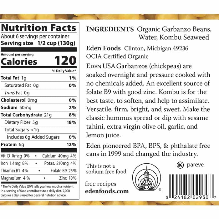 Eden Foods - Organic Garbanzo Beans ,29oz - back