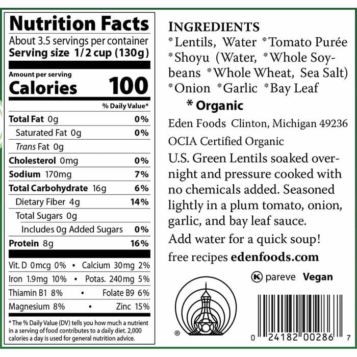 Eden Foods - Organic Green Lentils with Onion & Bay Leaf, 15oz  - back