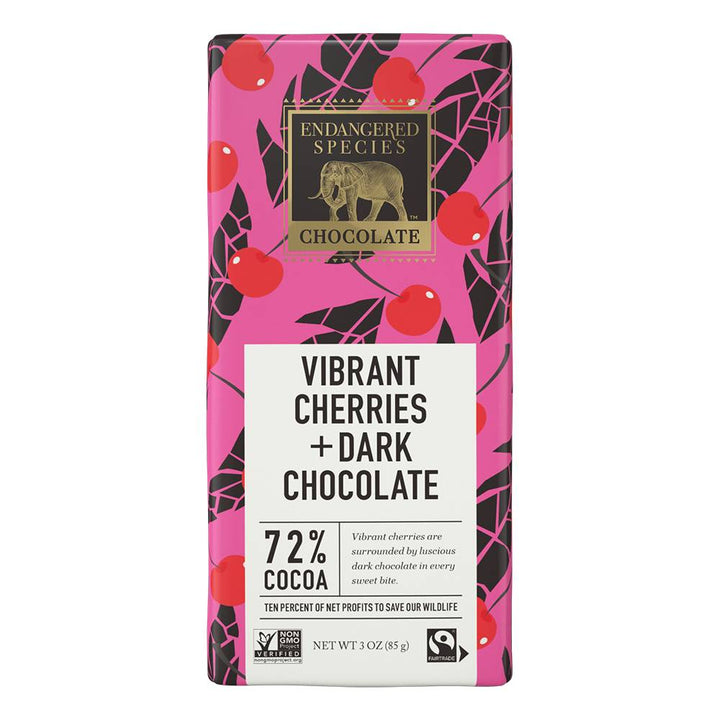 Endangered Species - Dark Chocolate Bar 72 Cocoa Vibrant Cherries - 3 Oz
 | Pack of 12 - PlantX US