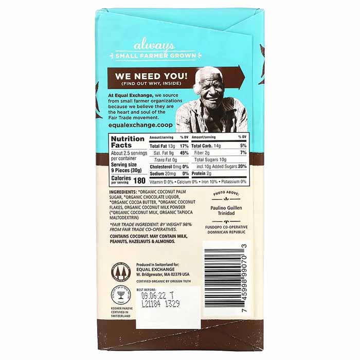 Equal Exchange - Organic Chocolate With Coconut Milk (55%), 2.8oz - back