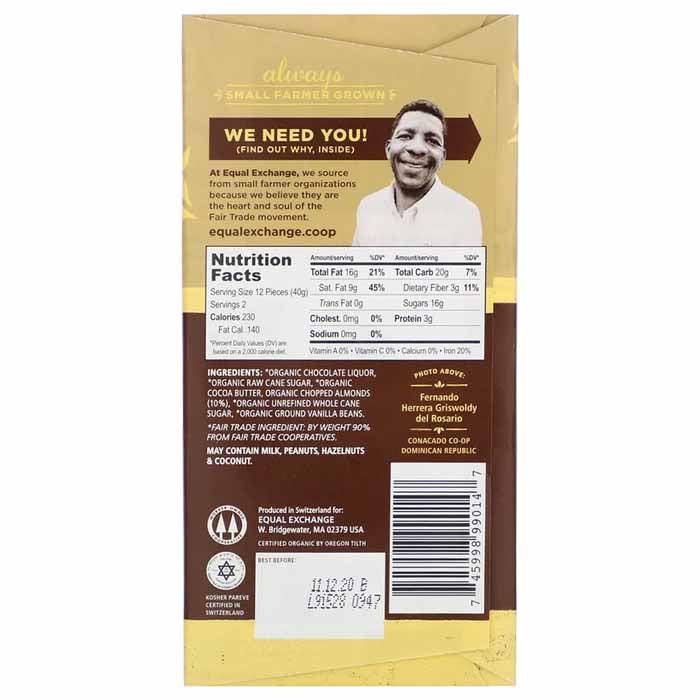 Equal Exchange - Organic Dark Chocolate - Almond (55%), 2.8oz - back