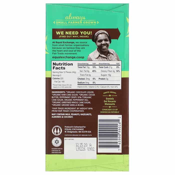 Equal Exchange - Organic Dark Chocolate - Mint Crunch (67%), 2.8oz - back