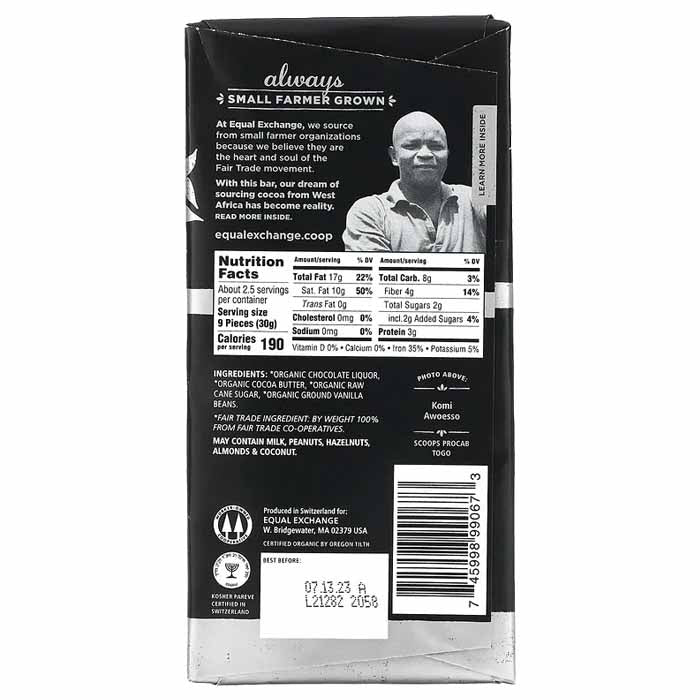 Equal Exchange - Organic Dark Chocolate -Total Eclipse (92%), 2.8oz - back