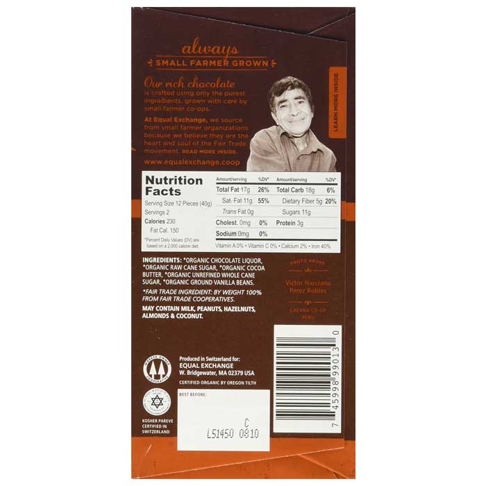Equal Exchange - Organic Dark Chocolate -Very Dark (71%), 2.8oz - back