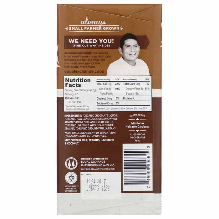 Equal Exchange - Organic Dark Chocolate (55%) - Almond & Sea Salt, 3.5oz - back