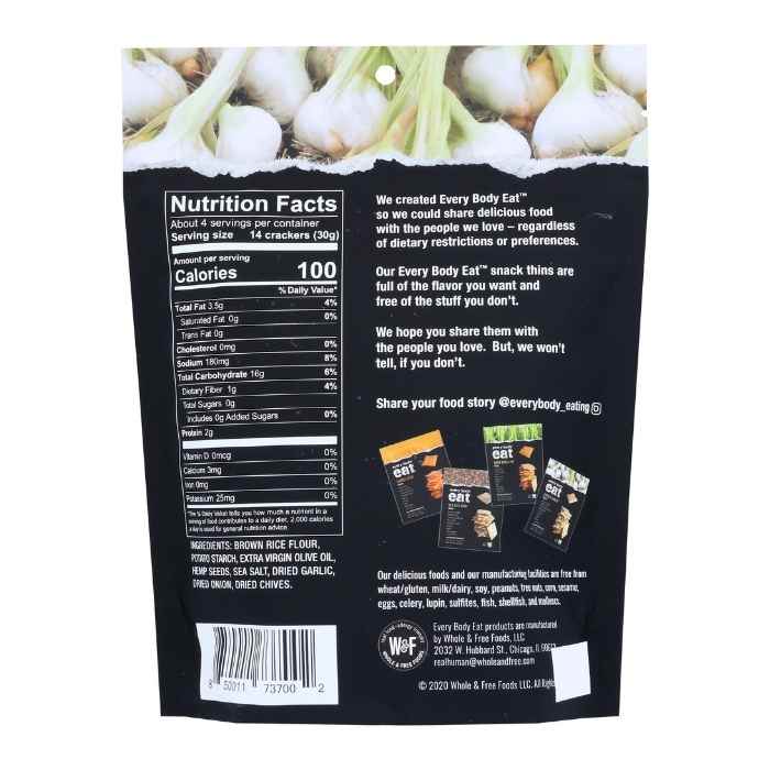 Every Body Eat - Chive & Garlic Snack Thins, 4oz - Back