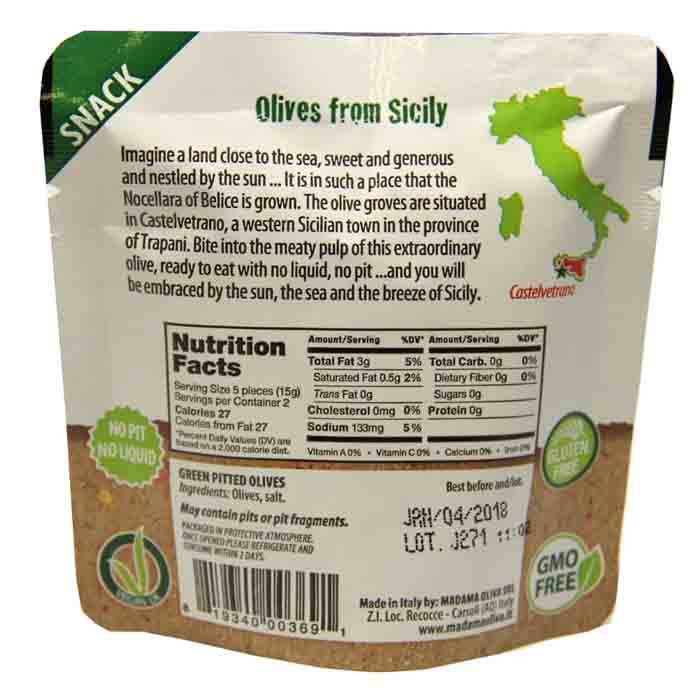 Frutto Ditalia - Olives Pitted - Green Snack Pack, 1.1oz - back