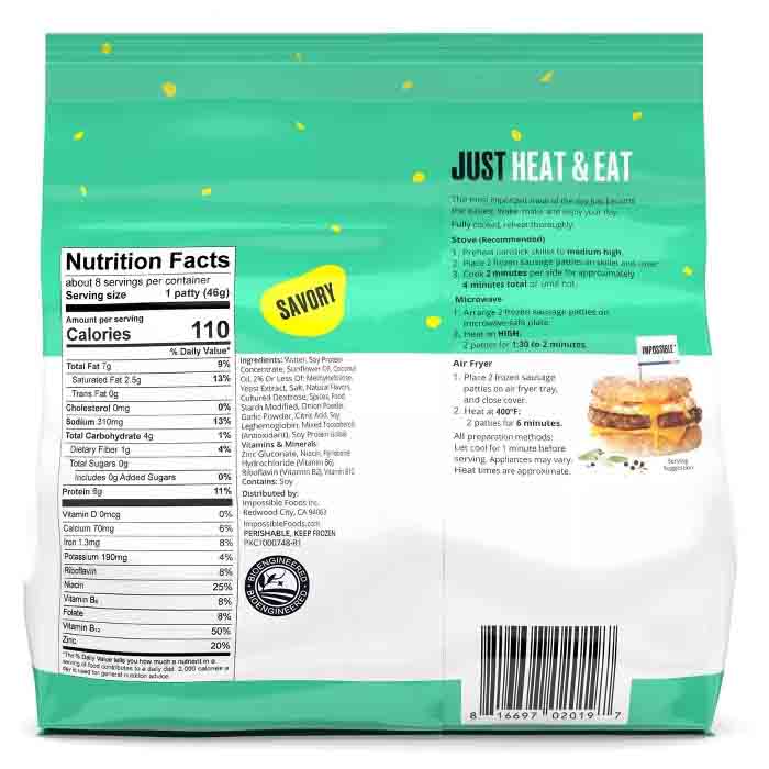 Impossible Foods - Sausage Patties - Savory, 12.8oz - back