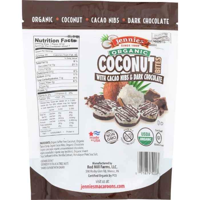 Jennies- Organic Coconut Bites with Cacao Nibs & Dark Chocolate- Back
