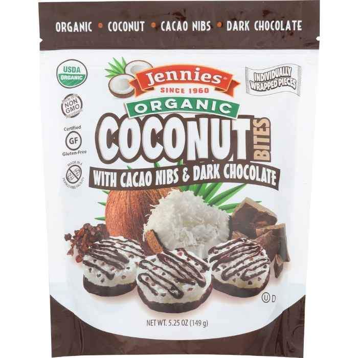 Jennies- Organic Coconut Bites with Cacao Nibs & Dark Chocolate- Front