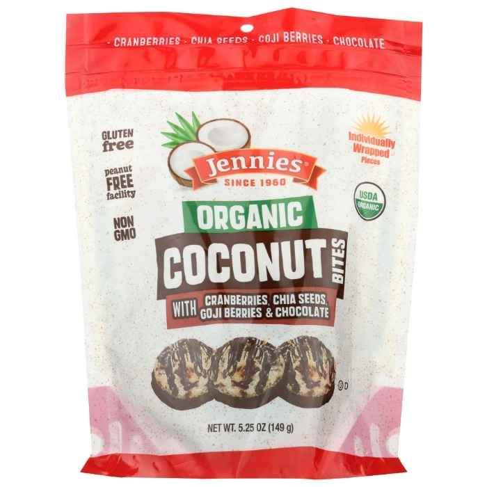 Jennies- Organic Coconut Bites with Cranberries & Goji Berries- Front