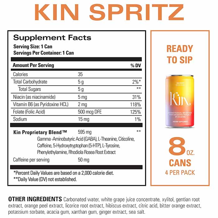 Kin Euphorics - Kin Spritz Non-Alcoholic Functional Beverage - 4 Pack, 8 fl oz - back