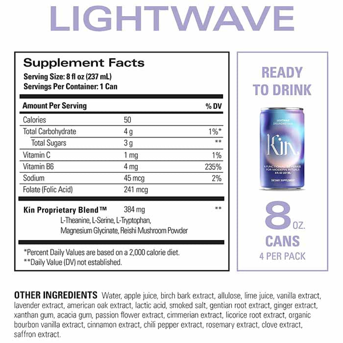 Kin Euphorics - Lightwave Non-Alcoholic Functional Beverage - 4 Pack, 8 fl oz - back