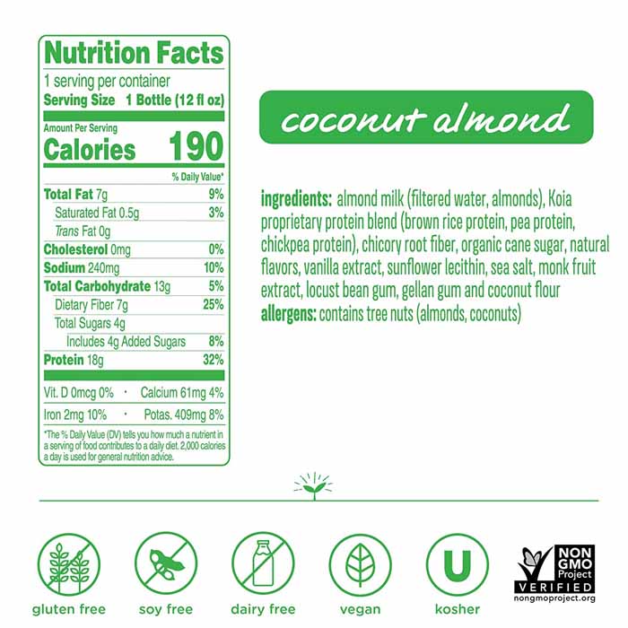 Koia - Vegan Protein Drinks - Coconut Almond, 12oz - back