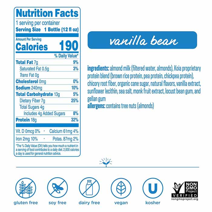 Koia - Vegan Protein Drinks - Vanilla Bean, 12oz - back