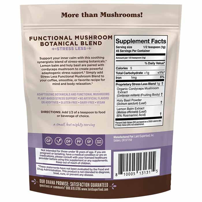 Laird Superfood - Functional Mushroom Botanical Blend - Stress Less, 2.5oz - back