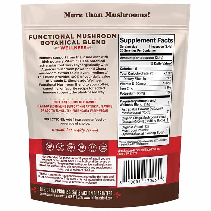 Laird Superfood - Functional Mushroom Botanical Blend - Wellness, 2.5oz - back