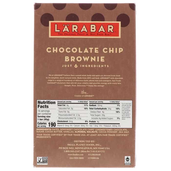 Larabar - Chocolate Chip Brownie Bar, 1.6oz - back