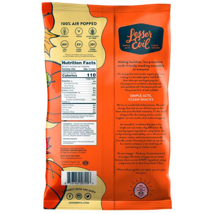 Lesser Evil - Organic Popcorn Pumpkin Spice, 6.4oz - back