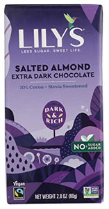 Lily's - Extra Dark Chocolate Bar, Salted Almond, 70% Cocoa, 2.8 oz | Pack of 12
