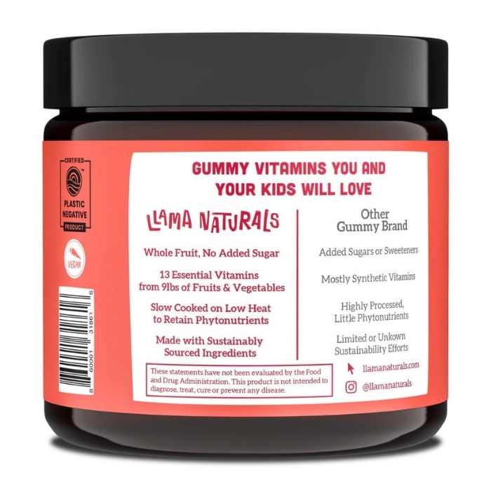 Llama Naturals Kids Whole Fruit Multivitamin Gummies, Strawberry 60 gummies