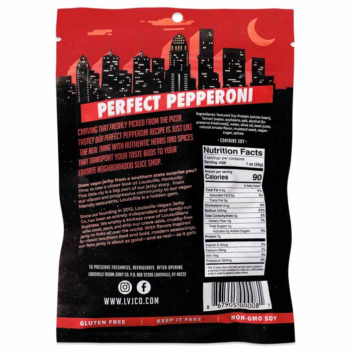 Louisville Vegan Jerky - Perfect Pepperoni, 3oz - back