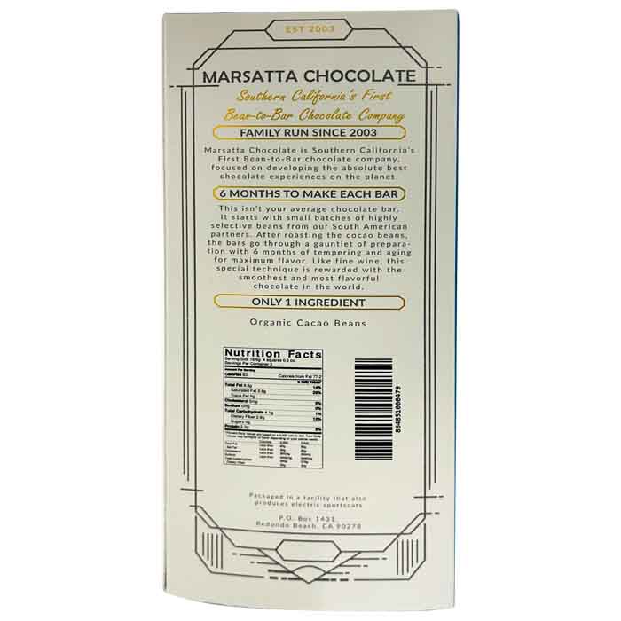 Marsatta Chocolate - Bean-To-Bar Chocolate - Crystal Label 100% Cacao, 1.75oz - back