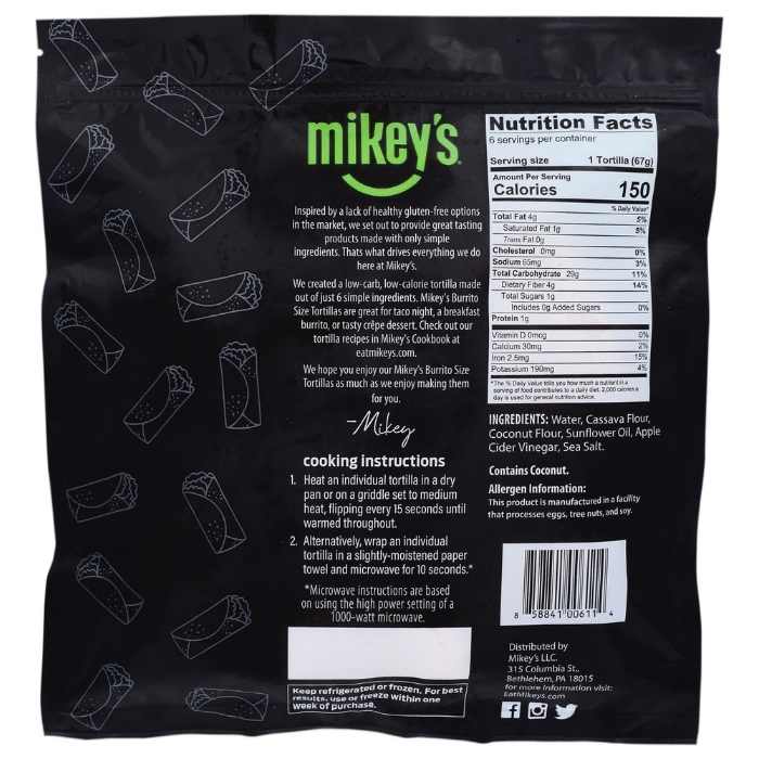 Mikey's - Burrito Size Grain Free Cassava Flour Tortillas back