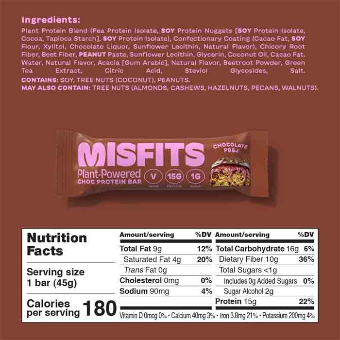 Misfits - Protein Bar Choc PB & J, 1.6oz - Back