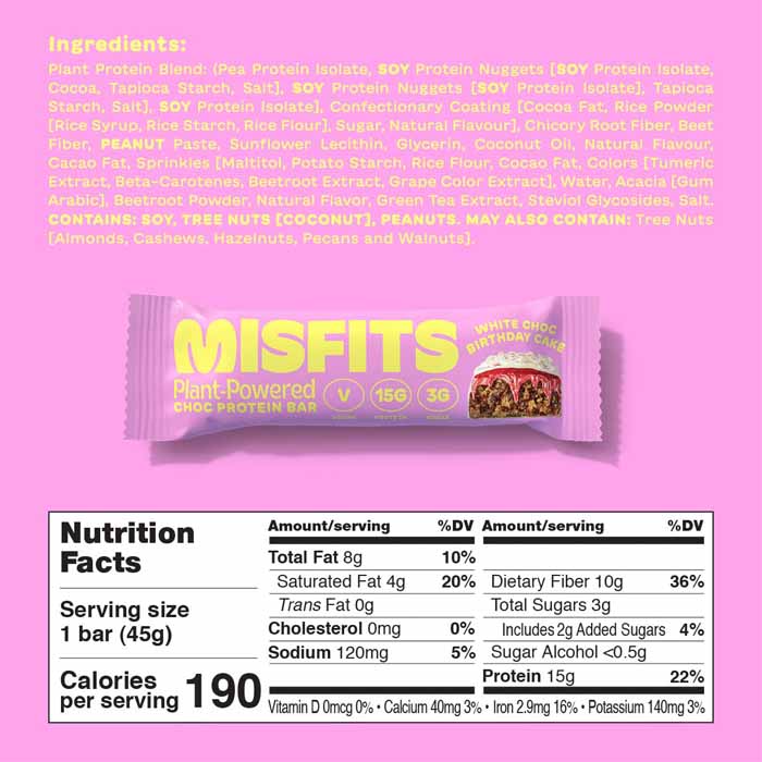 Misfits - Vegan Protein Bars Birthday cake, 1.6oz  - Back
