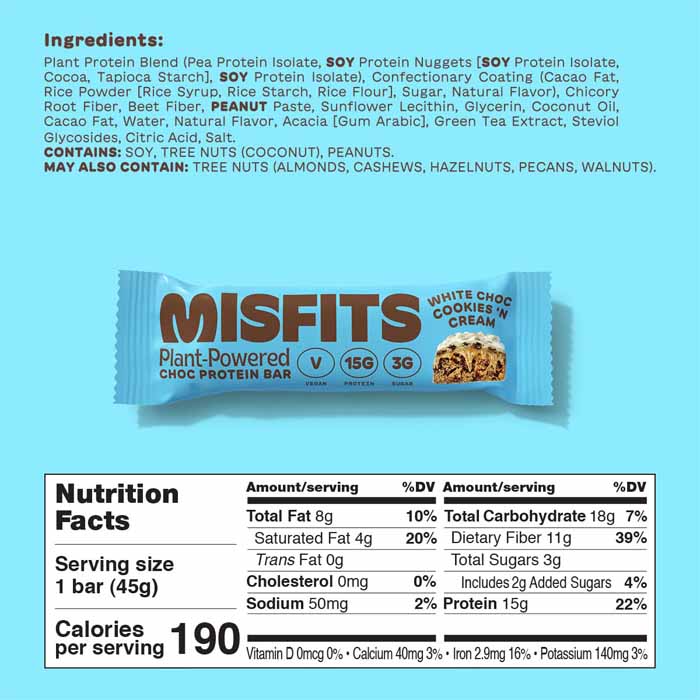 Misfits - Vegan Protein Bars Cookies & Cream, 1.6oz - Back