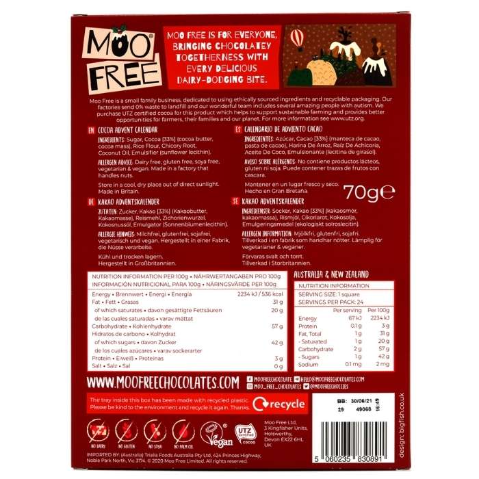 Moo Free - Milk Chocolate Advent Calendar, 70g - back