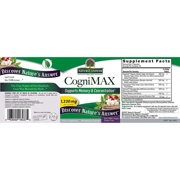 Nature's Answer - CogniMAX Memory & Concentration Support, 60 Capsules - back