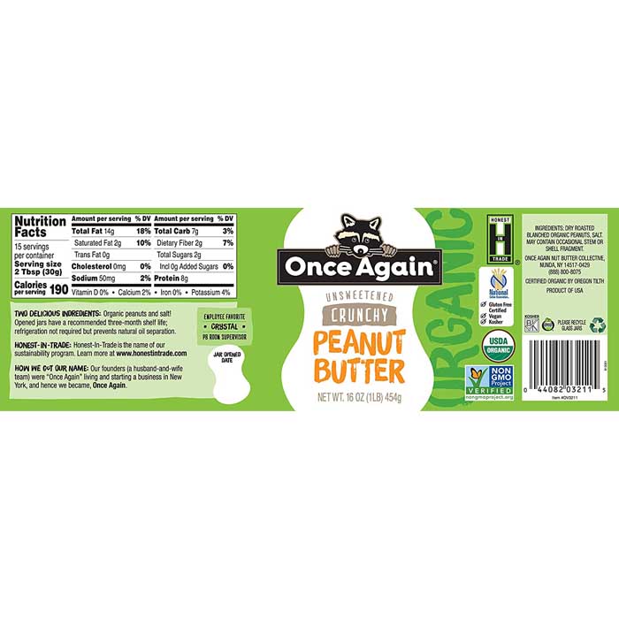 Once Again - Organic Crunchy Peanut Butter, 16oz - back