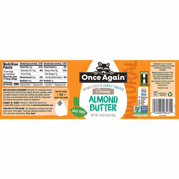 Once Again - Unsweetened Creamy Almond Butter, 16oz - back
