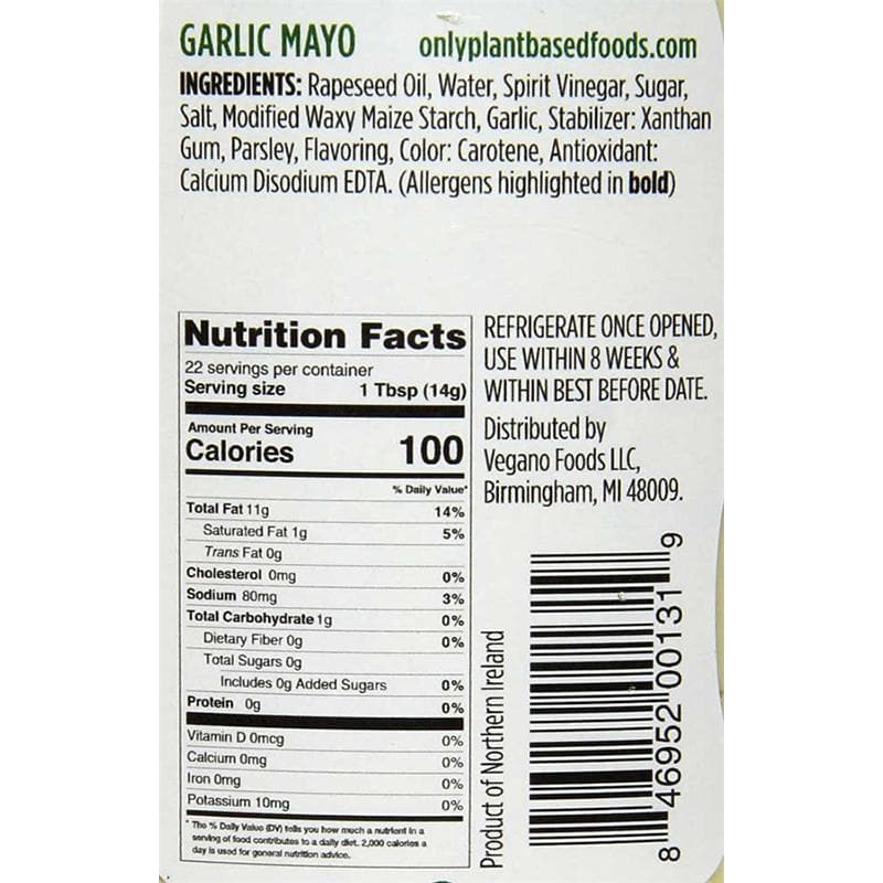 Only Plant Based Garlic Mayonnaise, 11oz PlantX US