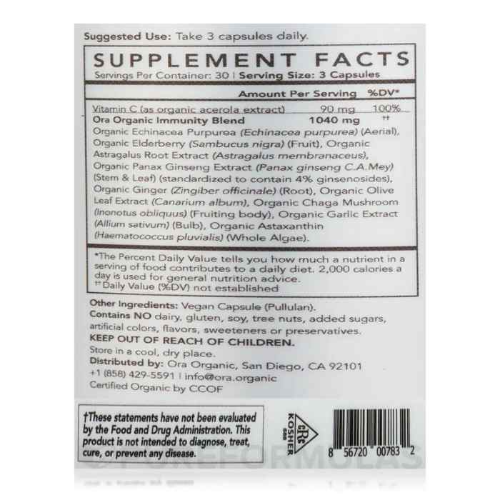 Ora - Well-Wishes Immune Support Capsules- Supplement Facts