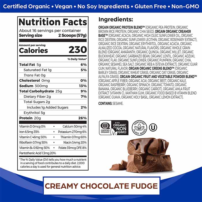Orgain - Organic Meal Powder Vegan Meal Replacement - Creamy Chocolate Fudge, 2.01 lbs - back